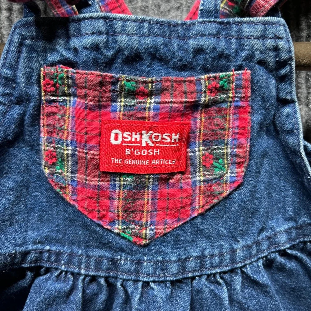 Vintage OshKosh Bgosh Jumper Dress Kids 2T Blue Denim Plaid Floral Embroidered